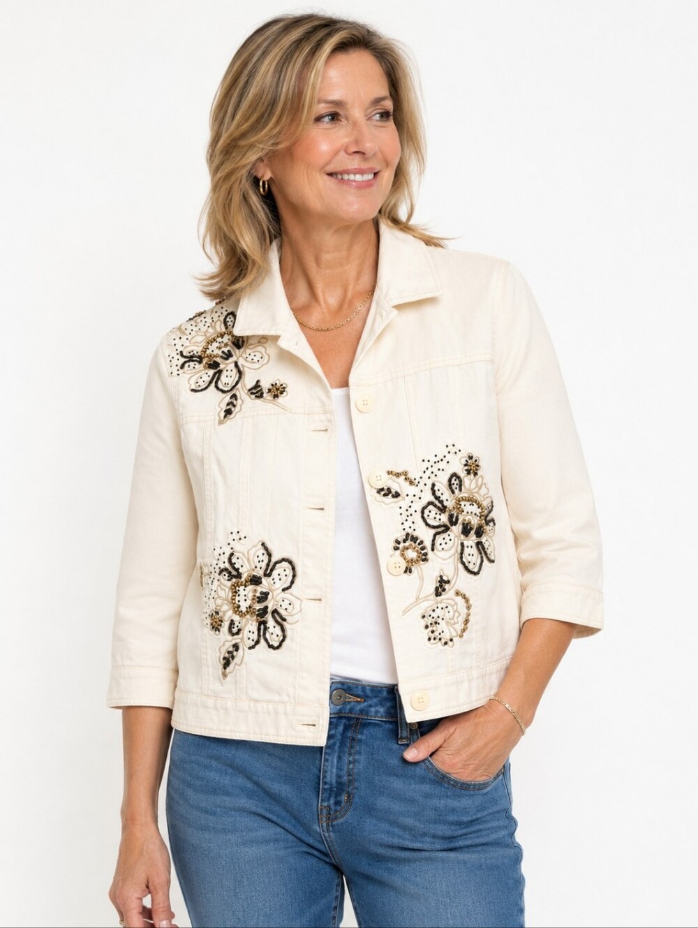 Coldwater Creek Vintage Embellished Linen Blend White Jacket Petite 12 Floral